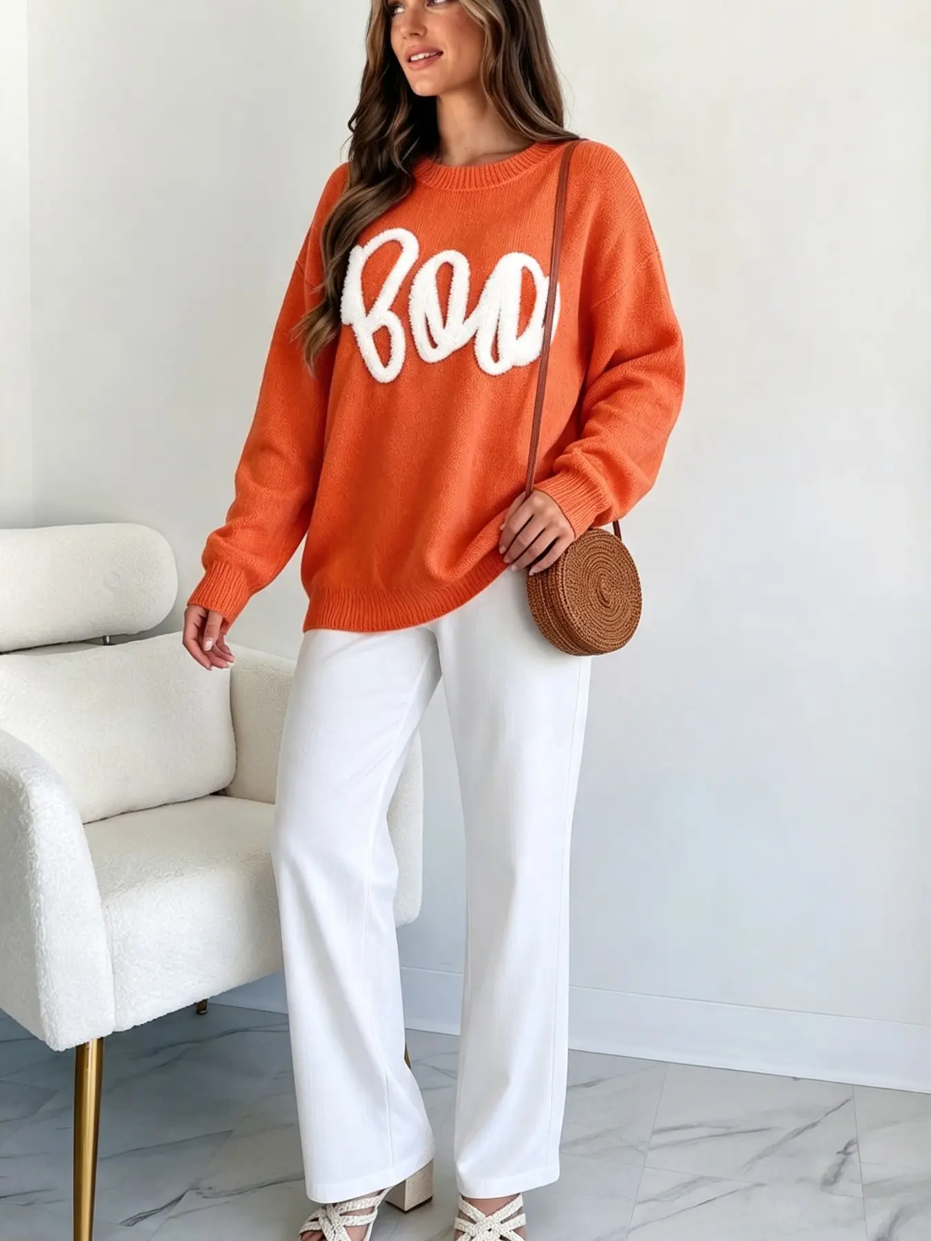 Women's Round Neck Knit Pullover Sweater, Letter Pattern, Perfect for Halloween and Fall Fashion, Comfortable and Trendy