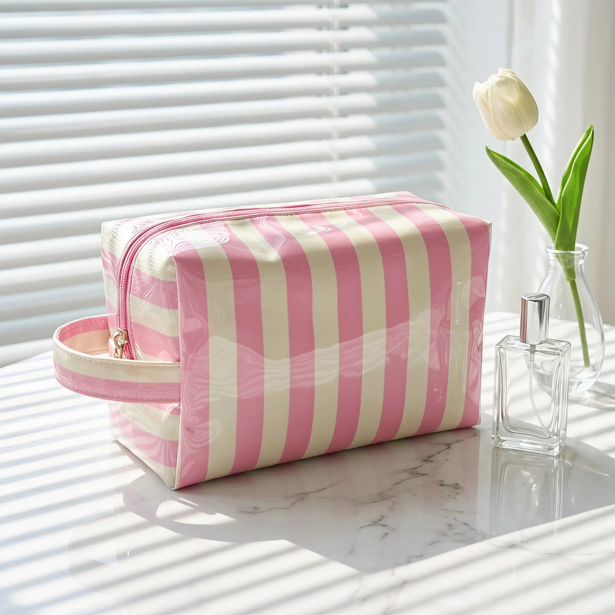 Fashion Striped Design Handheld Makeup Bag, Large Capacity Waterproof Cosmetic Pouch, Travel Toiletry Bag, Cosmetic Travel Bags, Multifunctional Storage Organizer, Cosmetics Bag, Beauty Storage Pouch-YY1