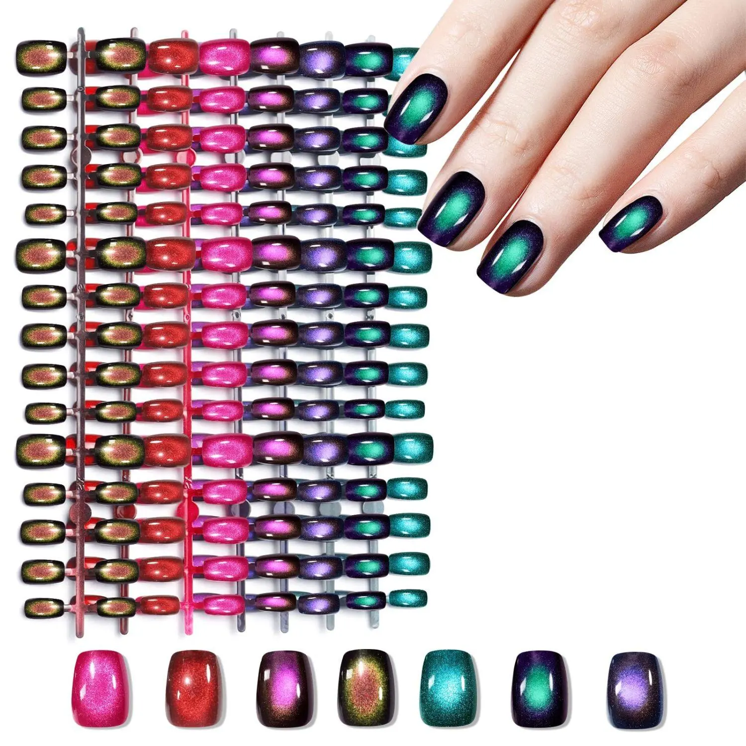210pcs Cat Eye Press on Nails for Women Glossy Glitter Black Hole Short Square Reusable Nail Tips in 15 Sizes Long Lasting Salon Fake Nails Stick - Galaxy Chameleon