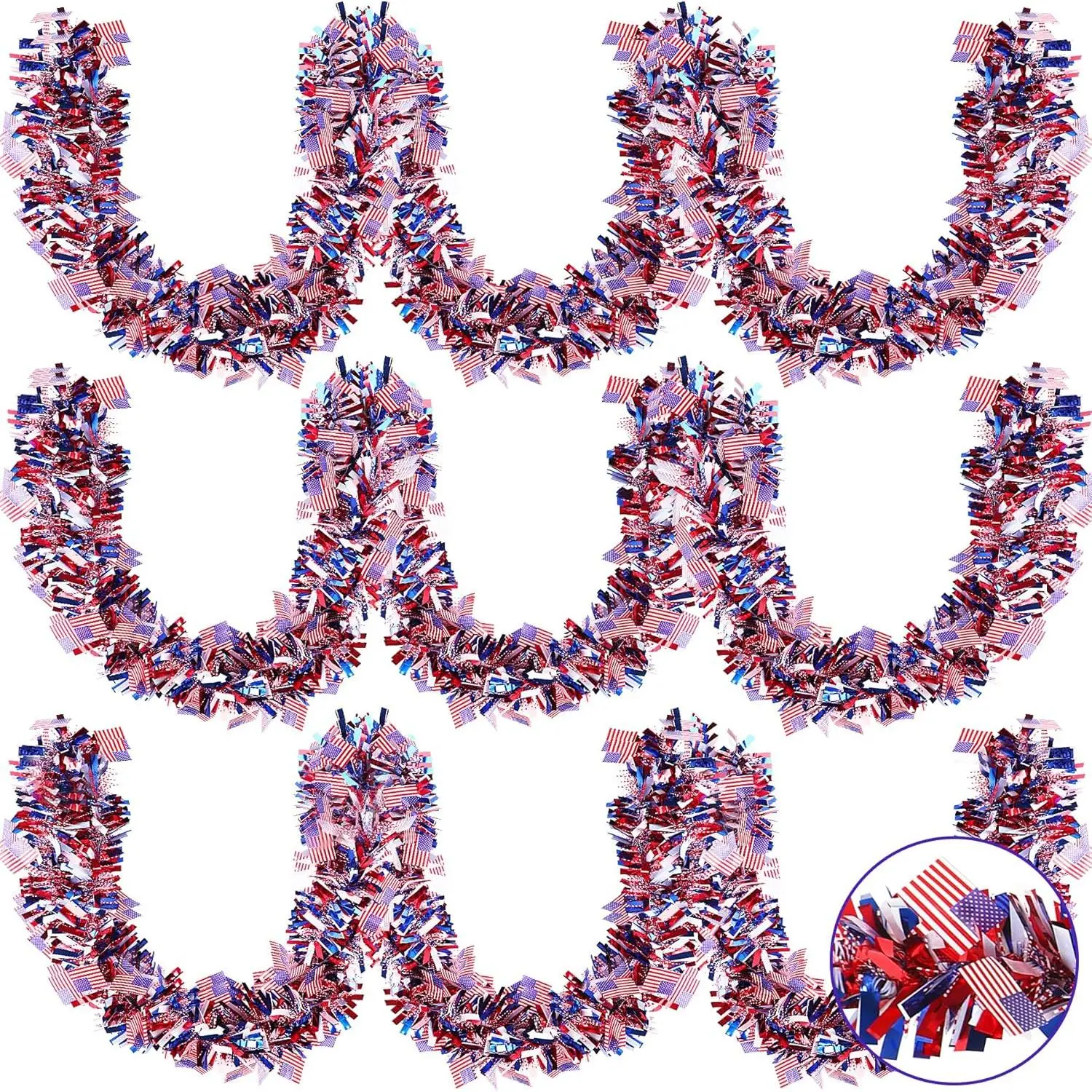 Patriotic Garland Decorations 4th of July Metallic Tinsel Twist Garland Red White Blue Memorial Day American Flag Hanging Supplies for Independence Day Home Party Decor, 3Pcs 19.7 Feet