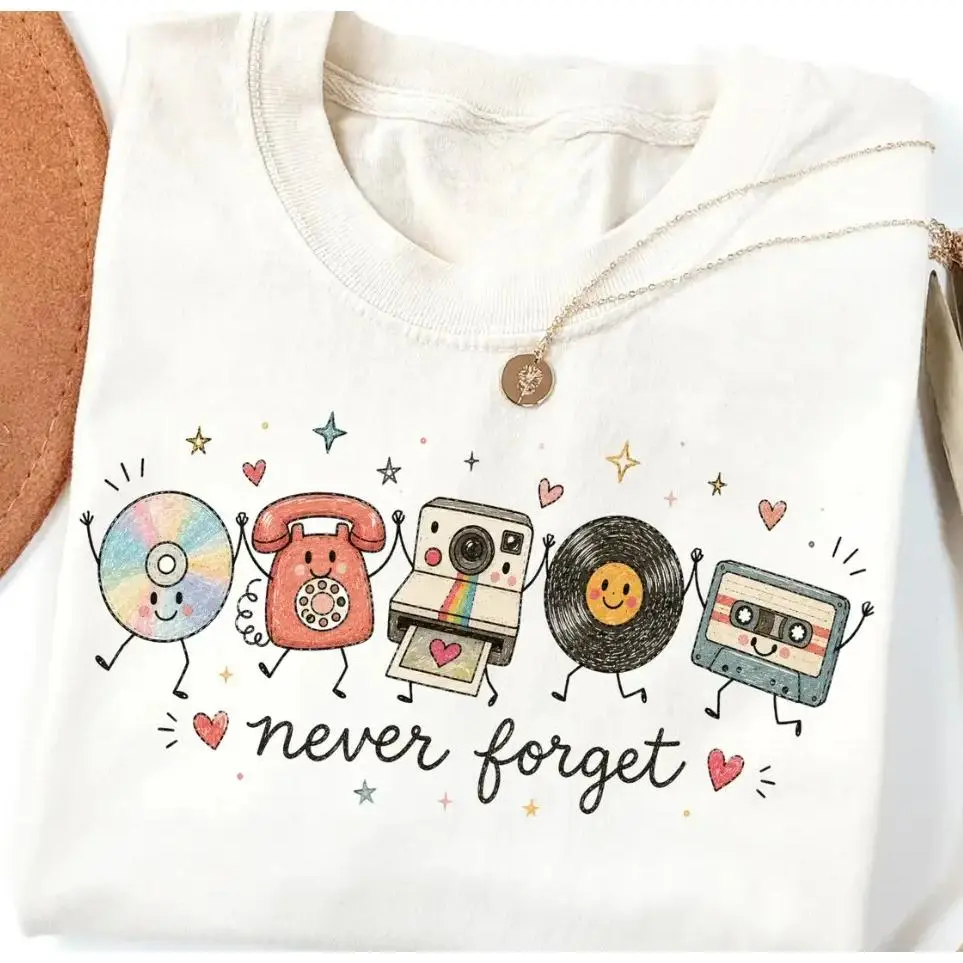 Women's 100% Cotton Crew Neck Vintage Washed T-Shirt - Unisex 90s Nostalgic Tops with Cute Dance, Retro CD Turntable, Phone, Camera, Vinyl Tape Prints - Smooth, Glitter Details, Garment-Fit Casual Tee, Fits, Colorful, Graphic