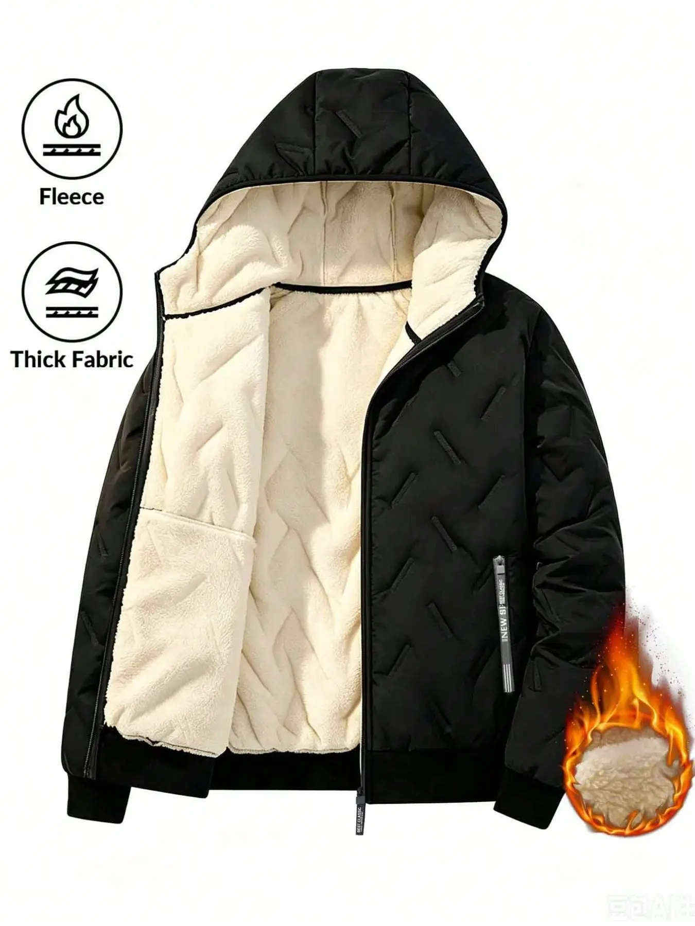 Men's wool lined hooded jacket, quilted warm winter coat, zipper windproof casual jacket