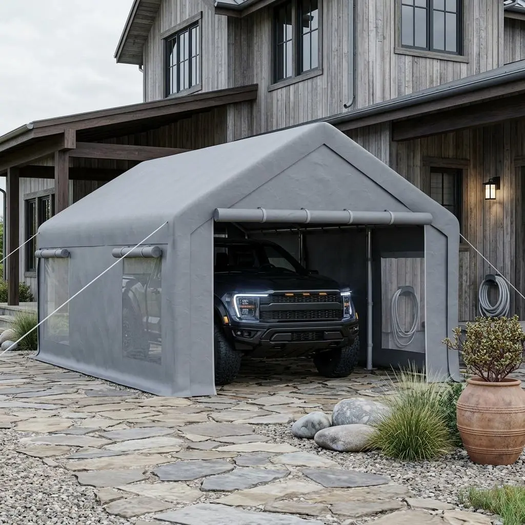 Heavy Duty 12x20 ft Portable Carport Garage, 200g PE Canopy, 2 Roll-Up Doors, 4 Windows, Multi-Purpose Outdoor Shelter for Cars, Boats, Pickups, Events, Paint Booths