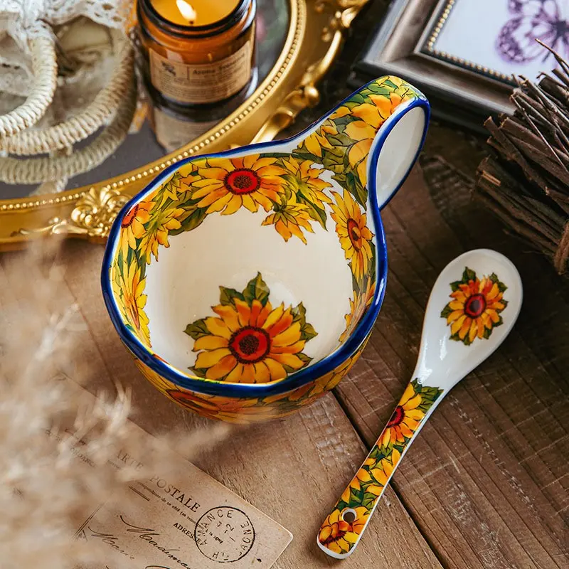Sunflower Ceramic Cup Spoon Set, 450ML Breakfast Bowl with Handle, Ideal for Cereal, Yogurt, Oatmeal, Desserts, Two-Piece Set