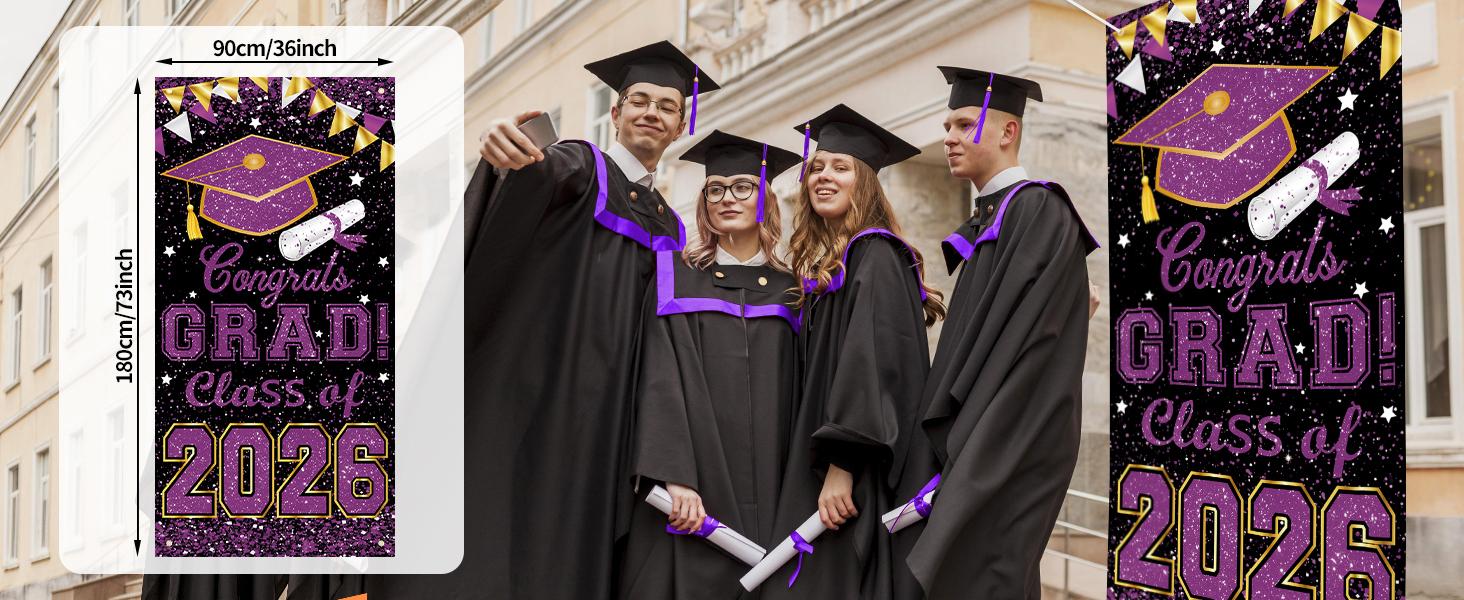 73 x 36 Inch Congrats Grad Class of 2026 Sign Banner Door Cover, Graduation Party Decorations, Large Front Door Porch Sign Backdrop for Wall Indoor Outdoor Photo Booth Props Party Supplies (Purple)