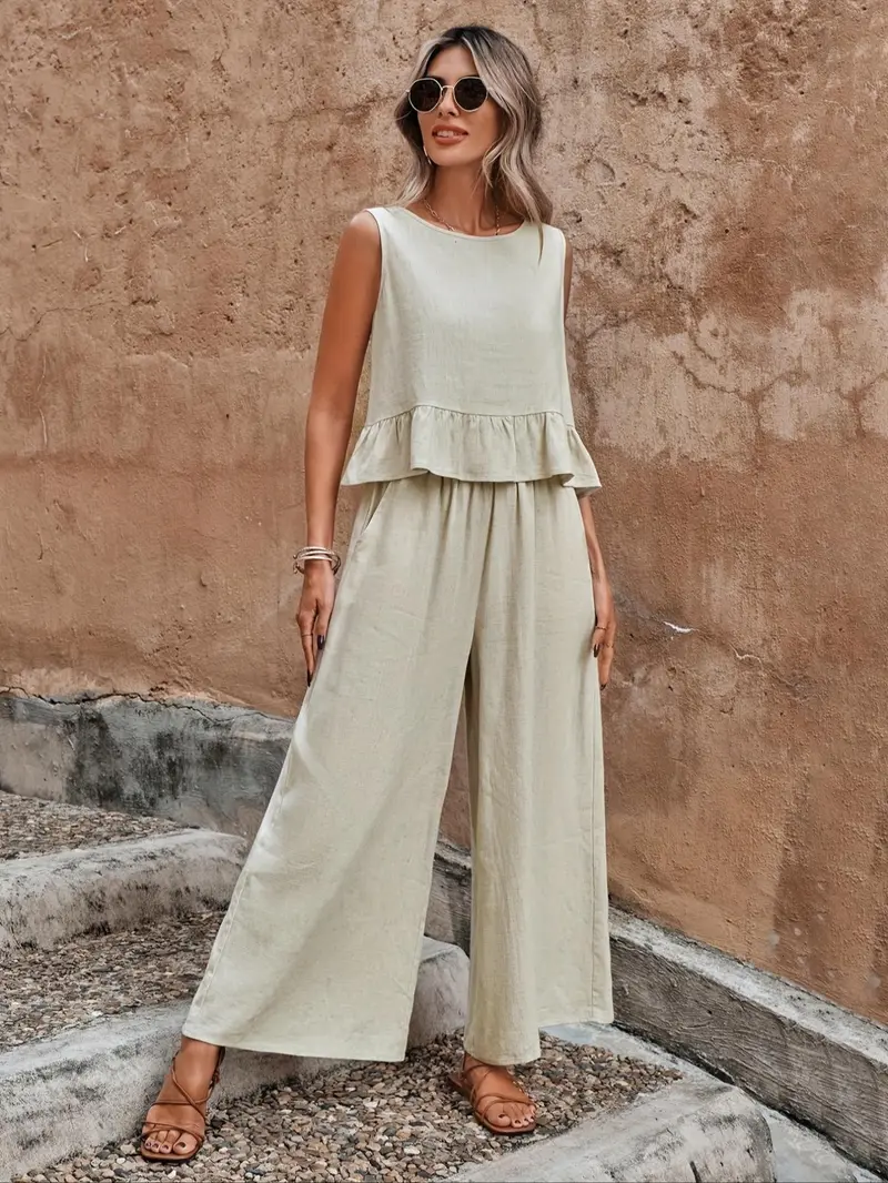 Women's Solid Ruffle Hem Sleeveless Tank Top & Elastic Waist Wide Leg Pants Essential Set, Casual Button-Detail Round Neck Top & Pocket Trousers, Ladies Summer Clothes, Clothing Sets