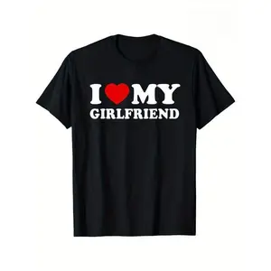 Unisex Menswear  Round Neck Short Sleeve Top, Casual Loose Fit  Knit Streetwear Tee with "I Love My Girlfriend" Digital Heat Transfer Double Graphic, Perfect Valentine's Day Gift