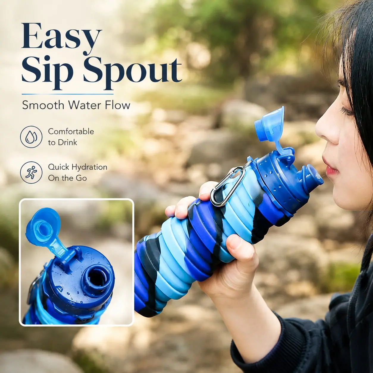 Foldable Silicone Water Bottle, Food Grade Heat Resistant, Portable Leak-Proof Design, D-Type Clip, Ideal for Outdoor Activities