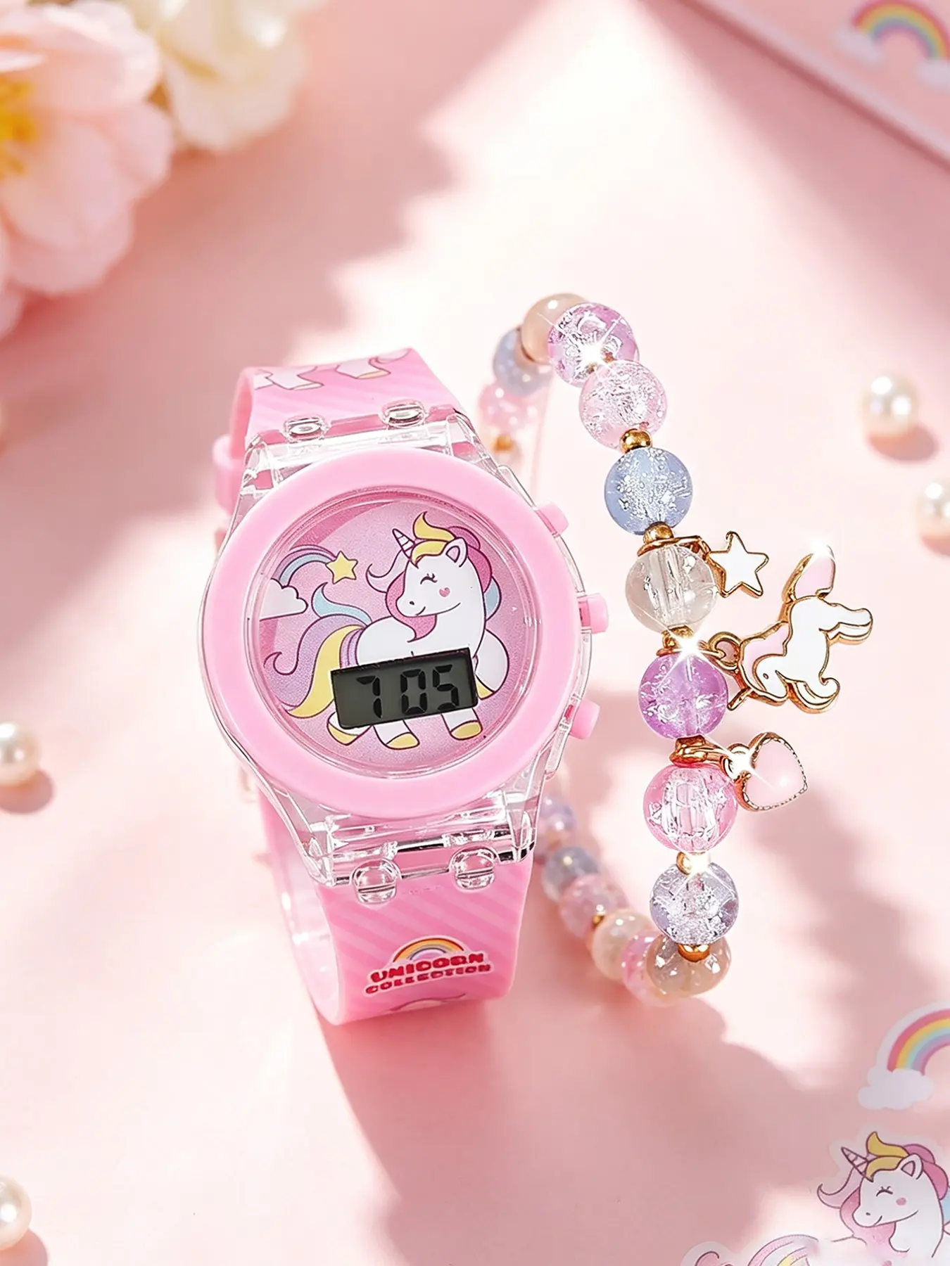Cute Girls' Unicorn Watch Set with Glowing Rainbow Horse Bracelet, Cartoon Pattern, Elegant Style, All-Season Wear, Silver Color Dial