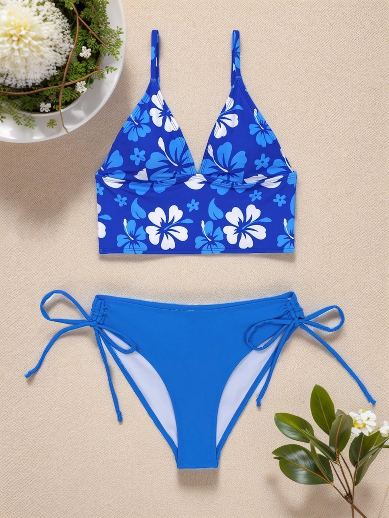 Two-piece Women's Floral Print Bikini Set, Flower Print Bikini, Adjustable Strap Bra & Drawstring High Cut Panty, Ladies Summer Swimwear for Beach Holiday Vacation, Tankini Swimsuits Women