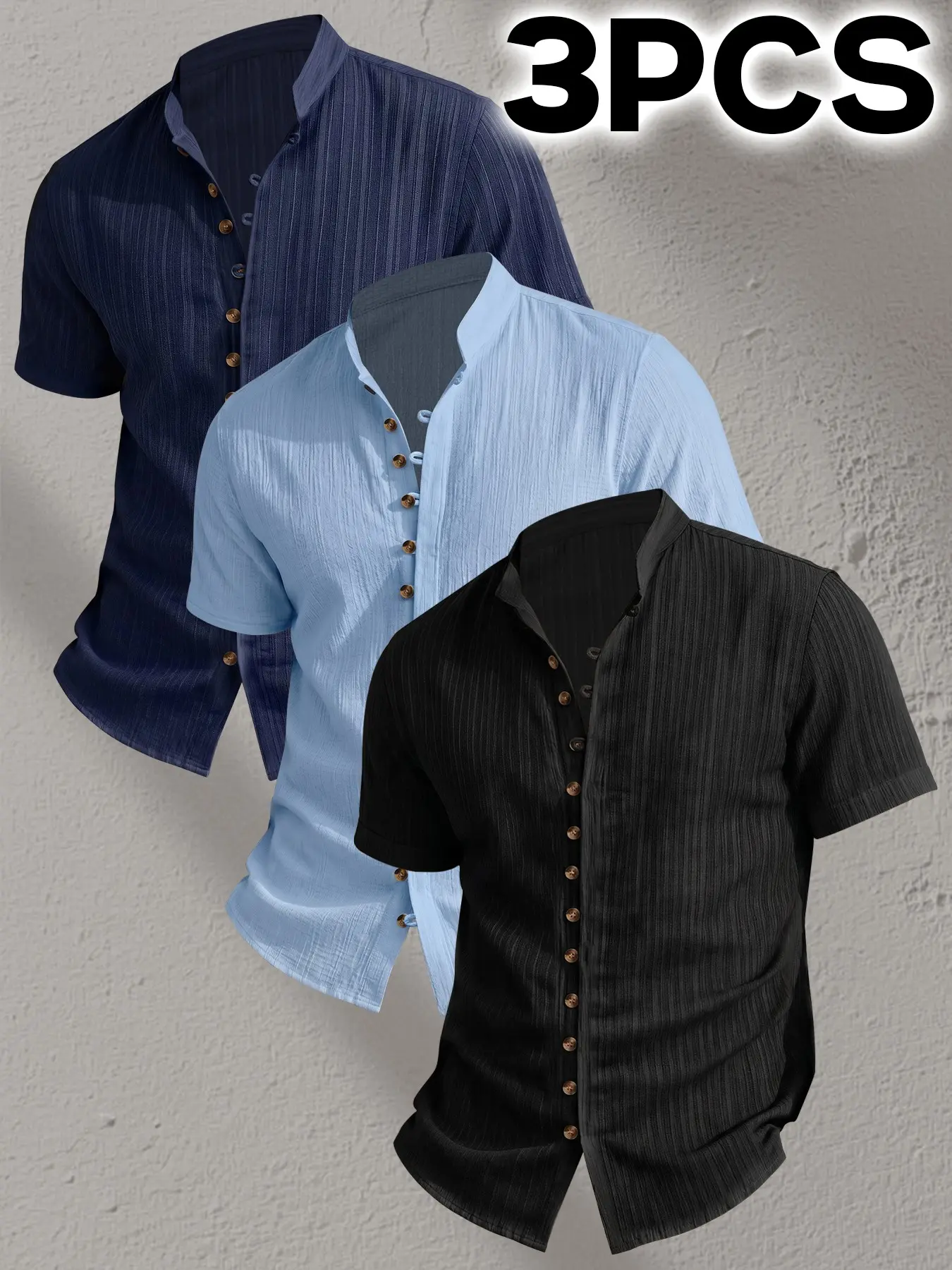 3pcs Men's Summer Short Sleeve Shirt - Lightweight Breathable Solid Color Plain Button-Up Casual Shirt with Stand Collar, lightweight shirt, Multi-button design, Machine Washable for Beach Vacation,Pool Party & Casual Attire,Beach Shirt.