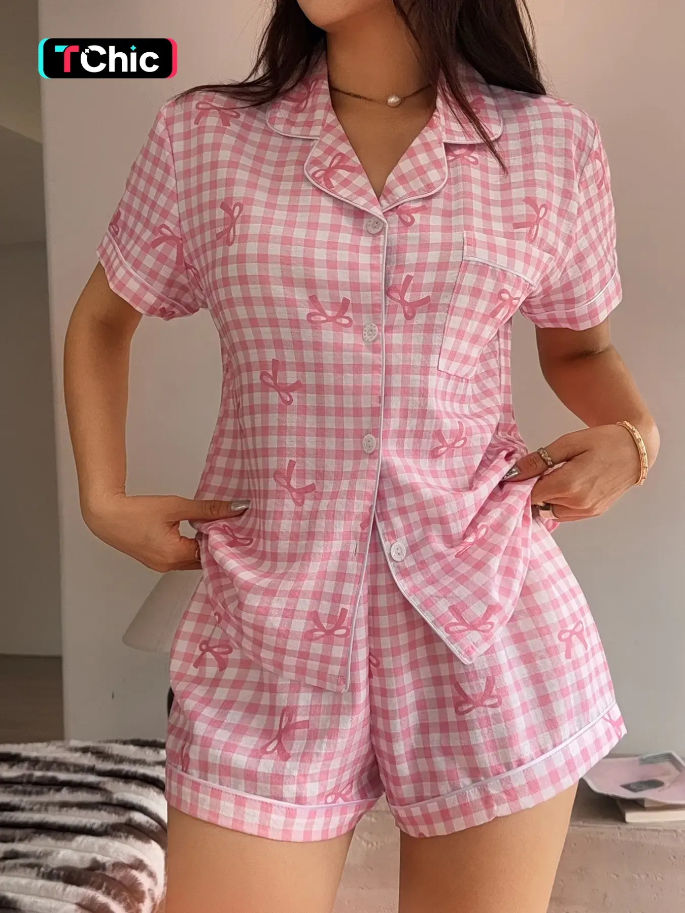 Women's Plaid Bow Print Pajama Set Pjs, Sweet Collared Short Sleeve Top with Pockets, Butterfly Shorts, Casual Home Wear Loungewear Nightwear Shorts Pajamas Set