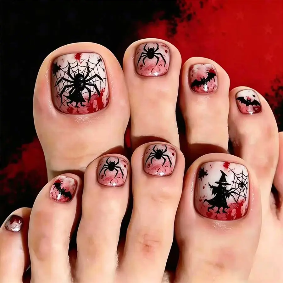 24pcs Short Square Nails, Dark Blood Spider Web Witch Bat Press-On Toe Nails, Reusable Halloween Nail Art for Women and Girls