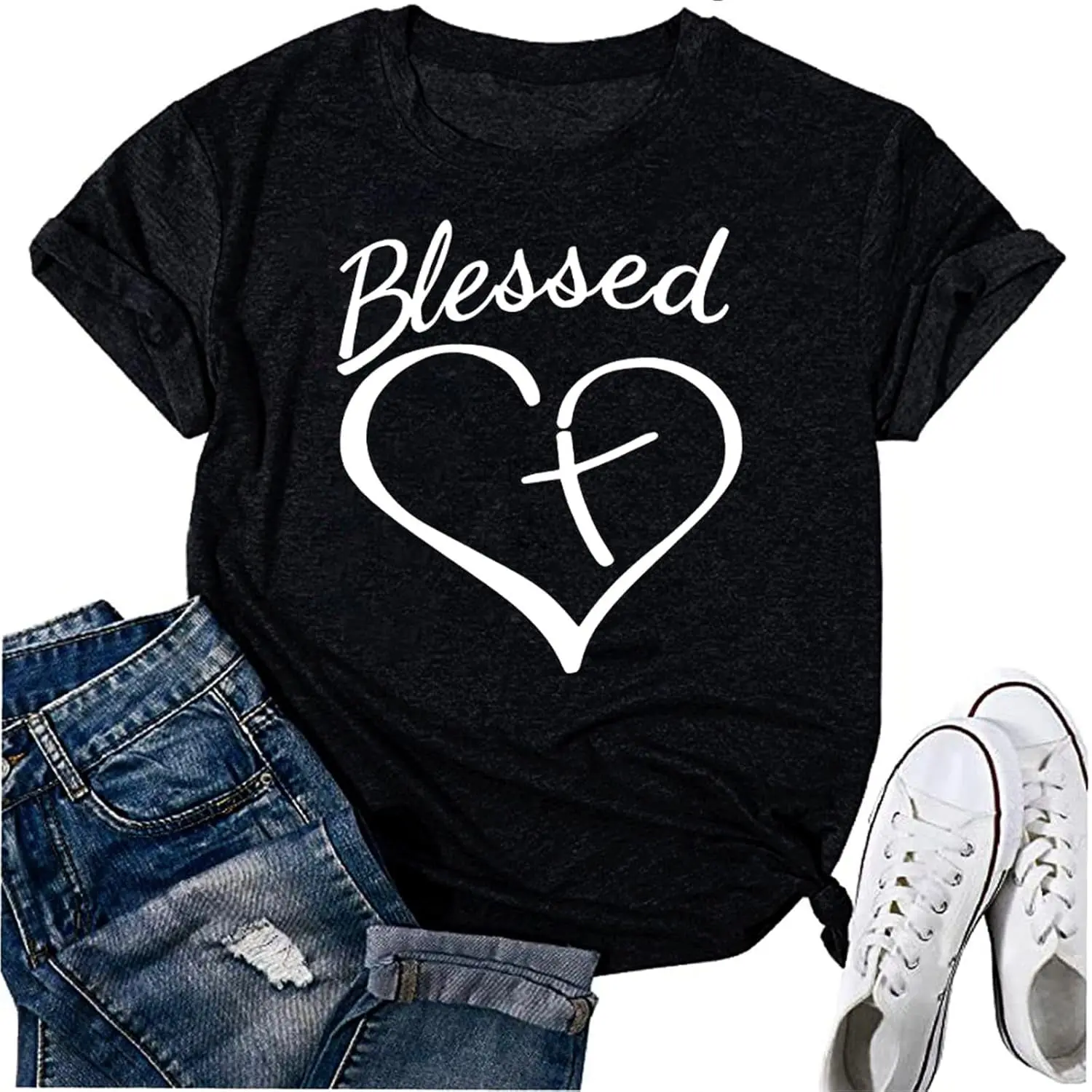 Women's T-Shirt, Vintage Christian Blessed Heart Graphic, Soft Polyester Round Neck Casual Shortsleeve Lightweight Top for Everyday Wear, Casual Crewneck Tops, Print, Graphic Print, Lady, Fabric, Tshirt, Machine Wash