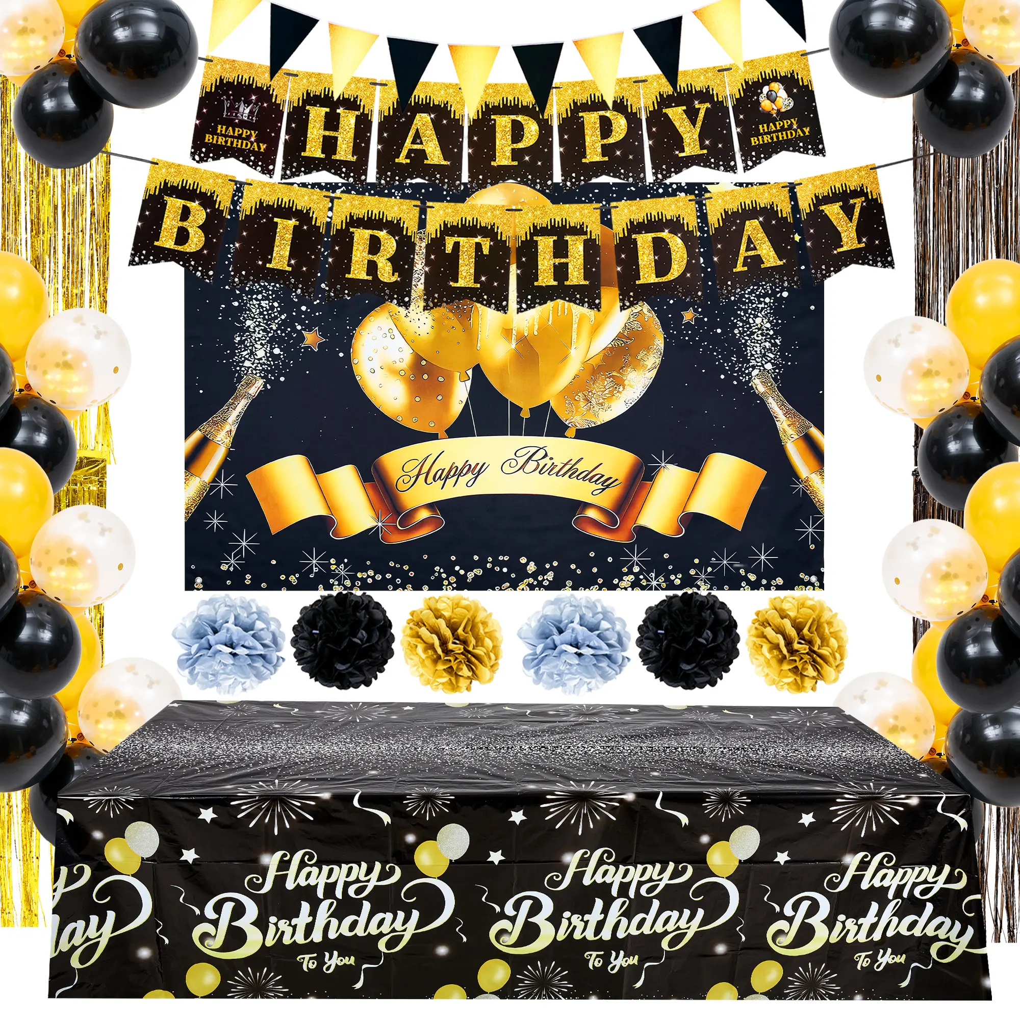 117-Piece Black and Gold Birthday Decorations Kit, Happy Birthday Backdrop and Banner, 100 Balloons, 12 Tissue Pom Poms, Tablecloth and Pennant Garland for Men, Women, Teens and Adult Parties