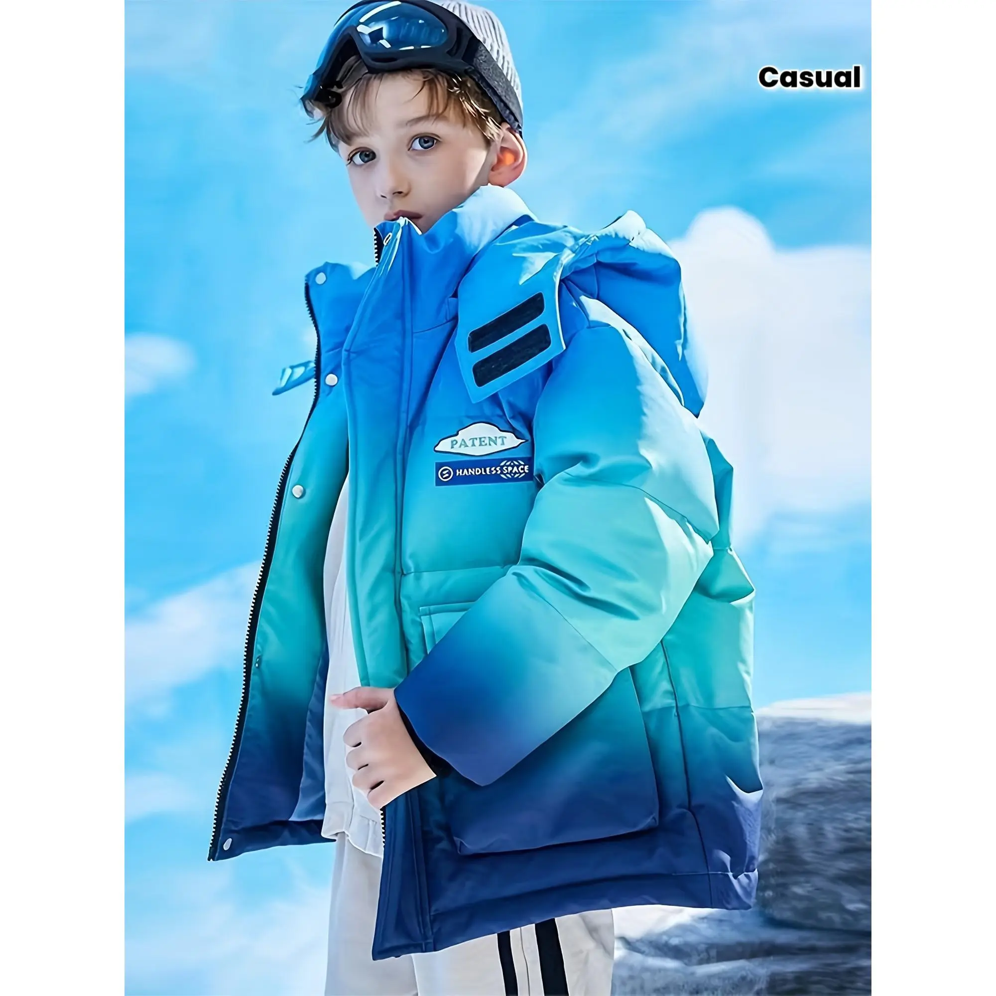 Boys' Winter Jacket Thickened Gradient Coat - 2026 New Style Casual Outerwear, Unisex Older Kids Cold-Weather Parka, Warm Insulated Hooded Jacket for School Play and Everyday Wear