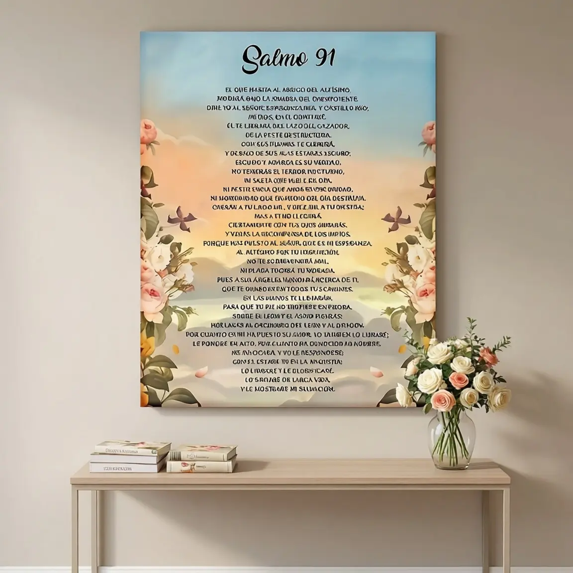 2D Flat 1pc Frame Canvas Print, Spanish and English Vintage "Salmo 91", Serene Floral and Sky Design, Fun Creative Canvas Wall Art for Home Bedroom Kitchen Living Room Bathroom, Hotel Cafe Office Restroom Room Artwork Wall Poster