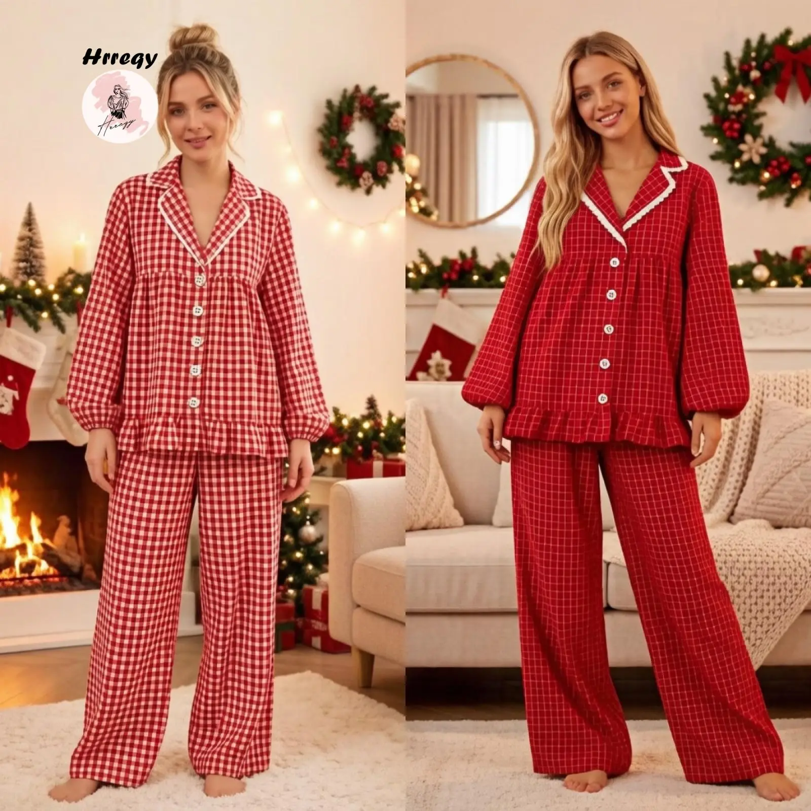 Women's Plaid Pajama Set Long Sleeve Lapel Peplum Tops Wide Leg Pants