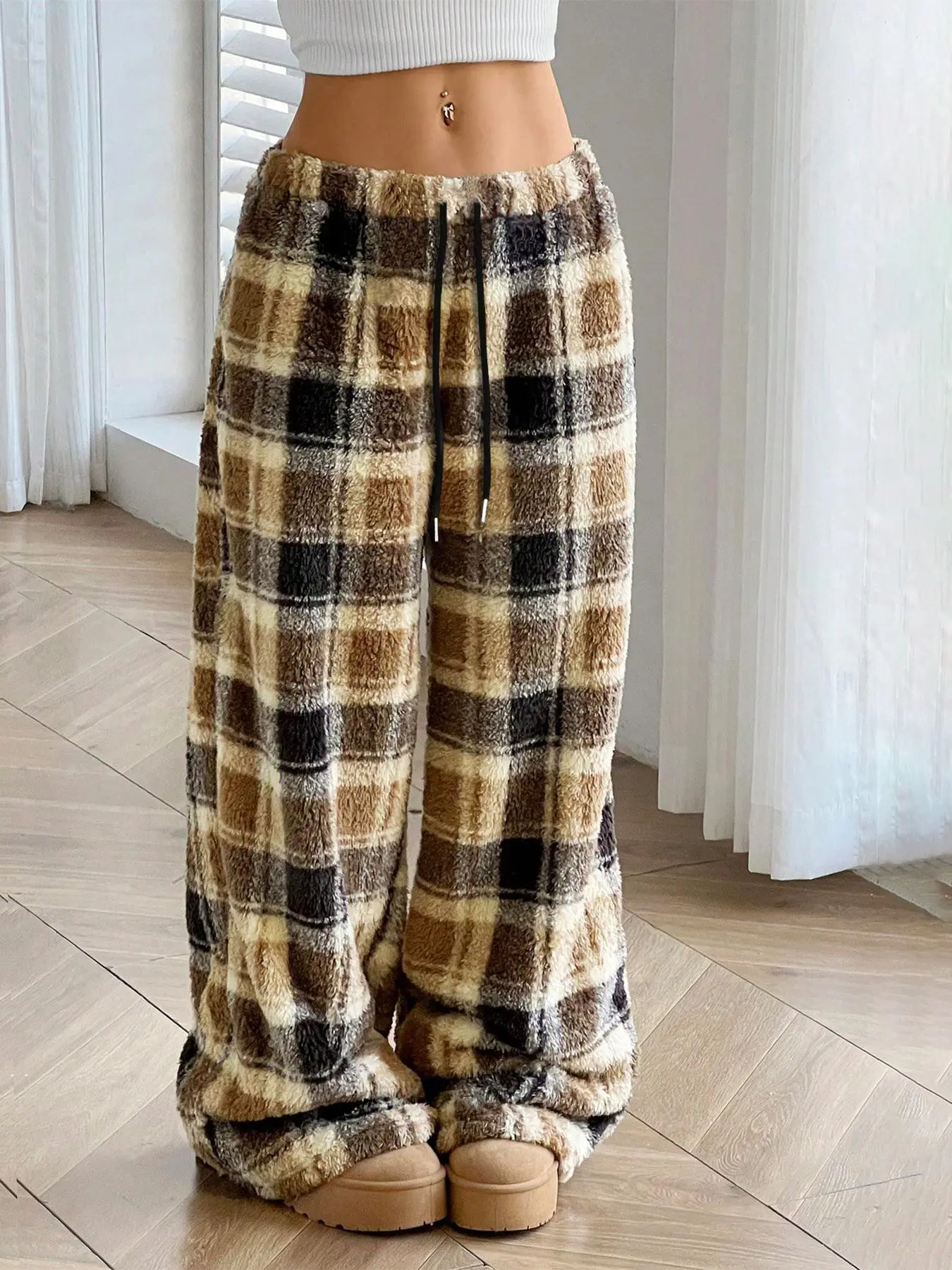 Unisex Flannel Long Pants, Leopard Pattern, Mid-Waist, Loose Fit, Fall & Winter Casual Streetwear, Youth Fashion, Sporty Leisure Style