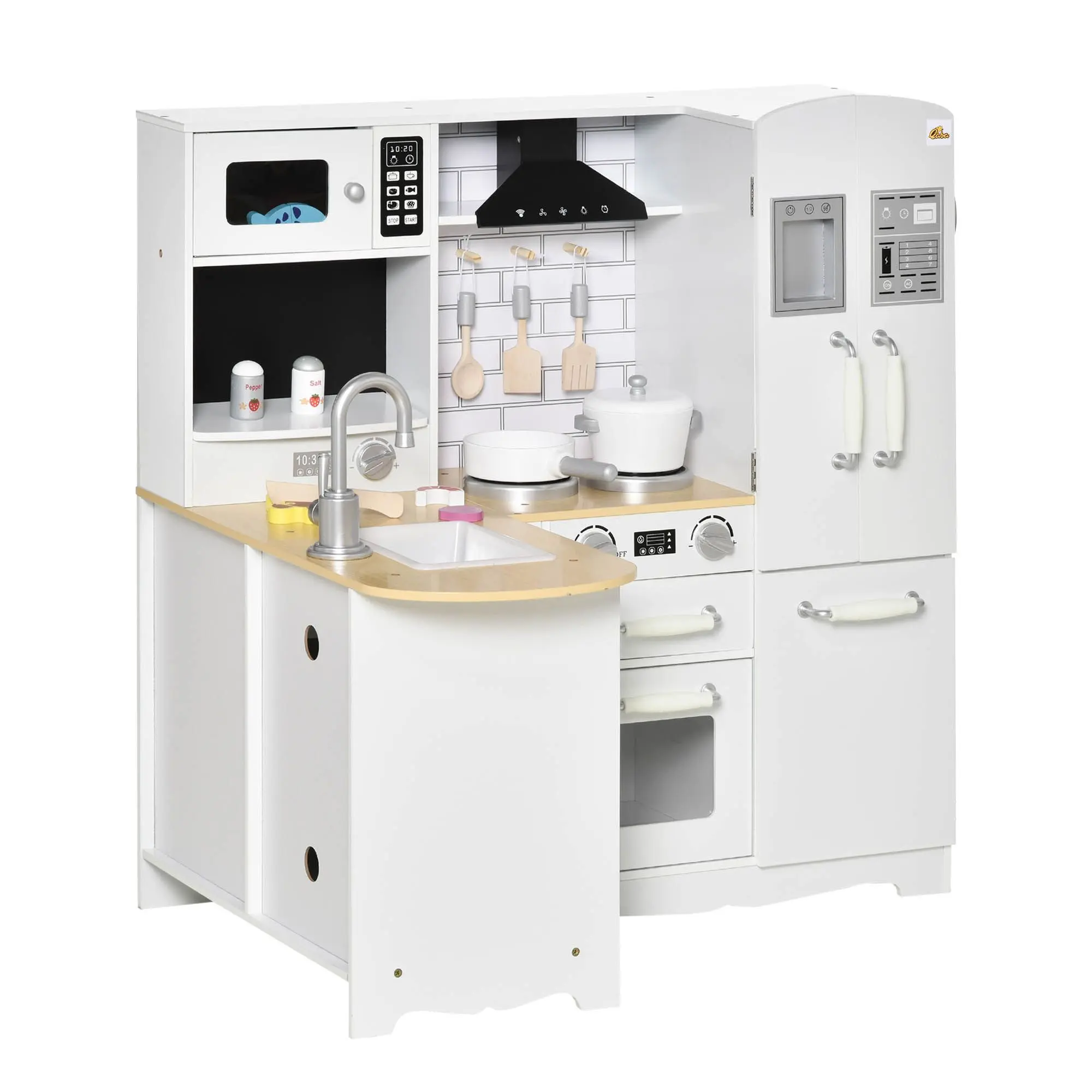 Large Kids Kitchen with Set, Pretend Wooden Cooking Toy Set with of Sound Effect, Microwave, Refrigerator, Simulation Faucet, White