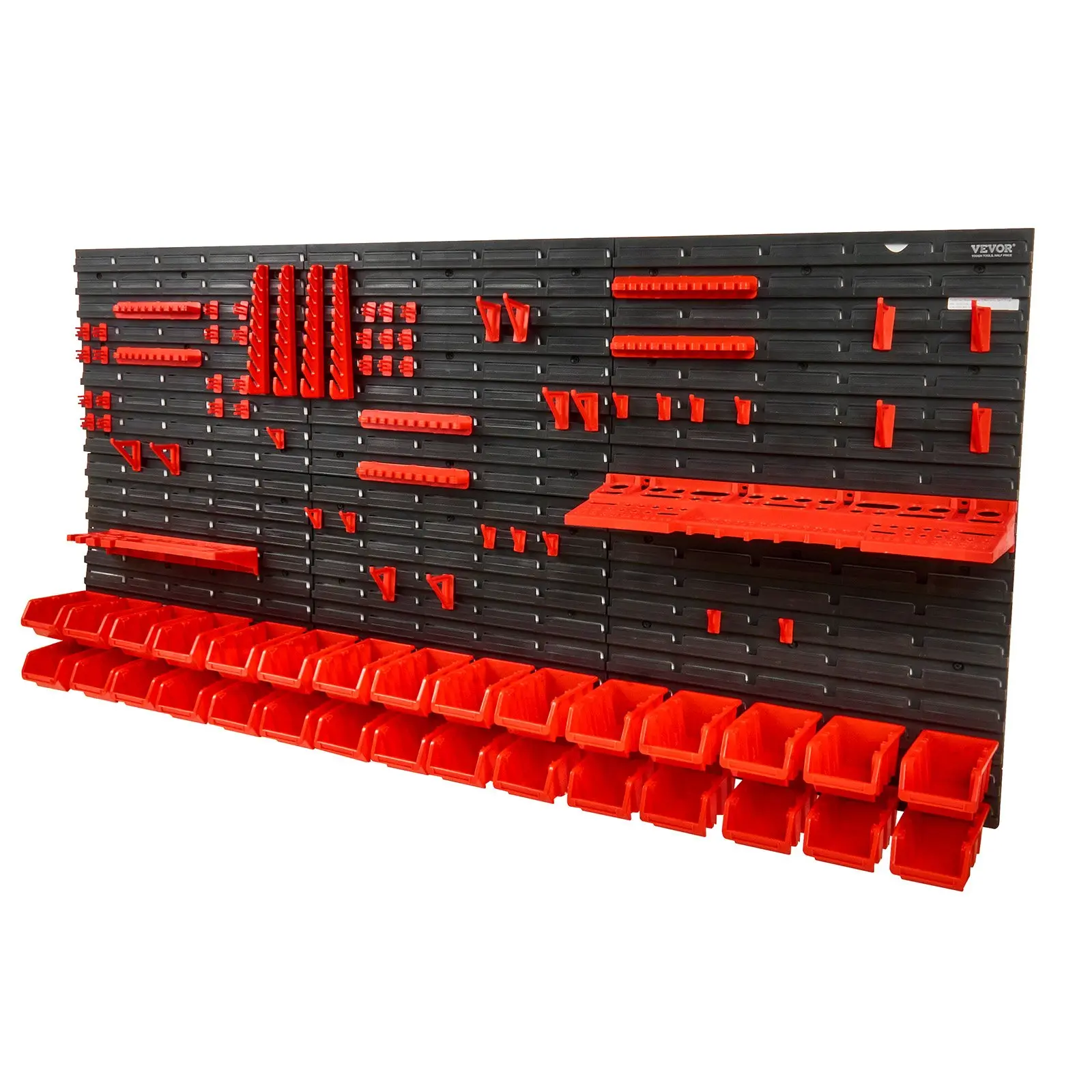 VEVOR Wall Mount Stackable 30-Bin Plastic Parts Rack Organizer with Wall Panels, Tool Holders, Hooks for Nuts, Bolts, Screws, Nails, Black and Red Garage Shop Storage Solution