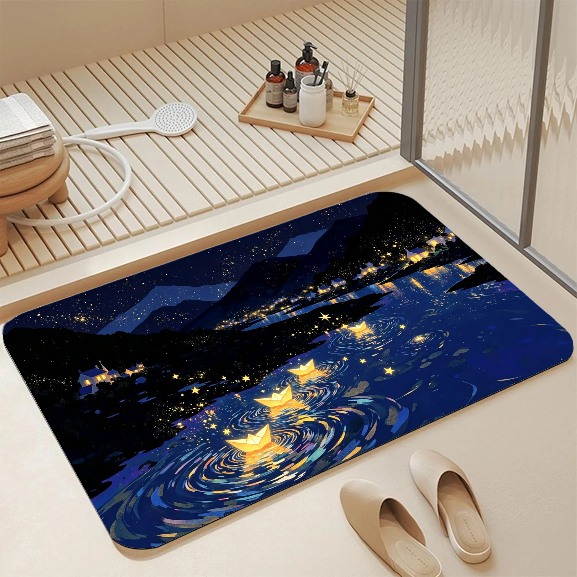 16*24" Magical Starry Sky Glowing Paper Boat Mountain River Diatomite Bath Mat |   Instant Dry Non Slip Dreamy Night Village Star Water Ripple Landscape Print Diatomaceous Earth Bath Mat Fast Absorbent Whimsical Glowing Star Paper Boat Scenic Diatomite Sh