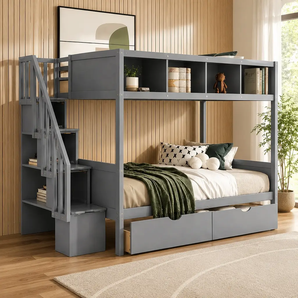 Twin over Full Bunk Bed with Storage Staircase and 2 Drawers, Gray Solid Wood+MDF, Space-Saving Loft Bed Frame with Shelves, Guardrail, Handrail, for Kids Teens Bedroom, Family Guest Room