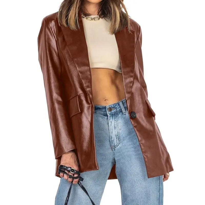 Womens Oversized Faux Leather Jacket Long Sleeve Lapel Button Down Blazer Shacket Coat With Pocket