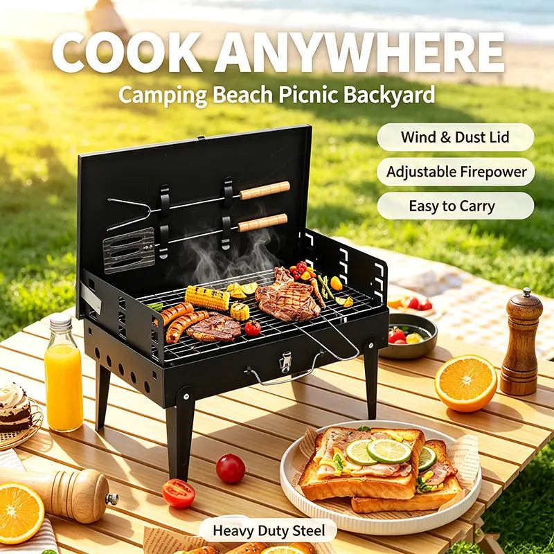 Portable Folding Charcoal Grill with Lid, 3-Level Adjustable Height, Heavy Duty Steel Tabletop BBQ Grill for Outdoor Camping Beach Picnic Backyard, 17" Black
