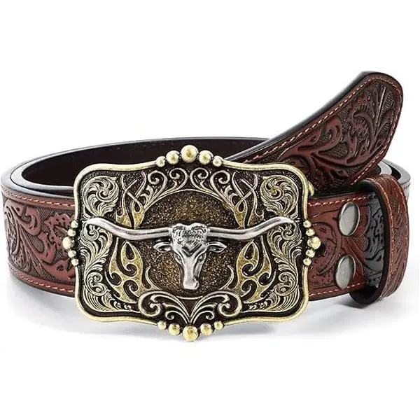 Men's Western Cowboy Waist Belt with Tooled Strap, Classic Bucklebelt Featuring a Large Longhorn Bull Western Buckle, Classic Belt, Casual Men's Belts