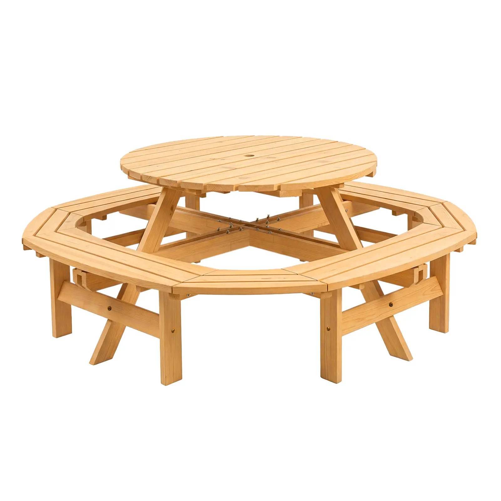 Round Outdoor Wooden Picnic Table Set for 8, 43.3" Patio Dining Table with 4 Built-in Benches & Umbrella Hole, Natural Wood for Garden