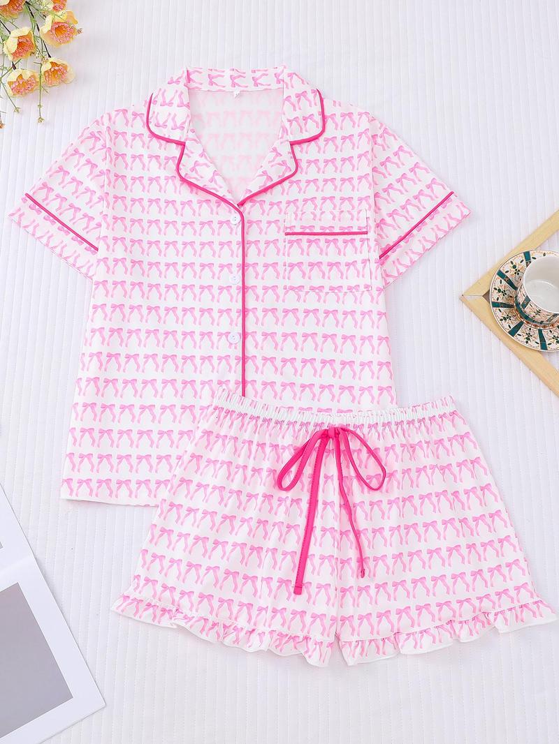 Women's All Over Bow Print Shortsleeve Lapel Shirt & Bow Decor Elastic Waist Shorts Pajama Two-piece Set, Casual Comfy Button Front Pocket Top & Ruffle Hem Shorts Set, Ladies Summer Sleepwear, Loungewear, Lounge Clothes, Cozy Lounge Set