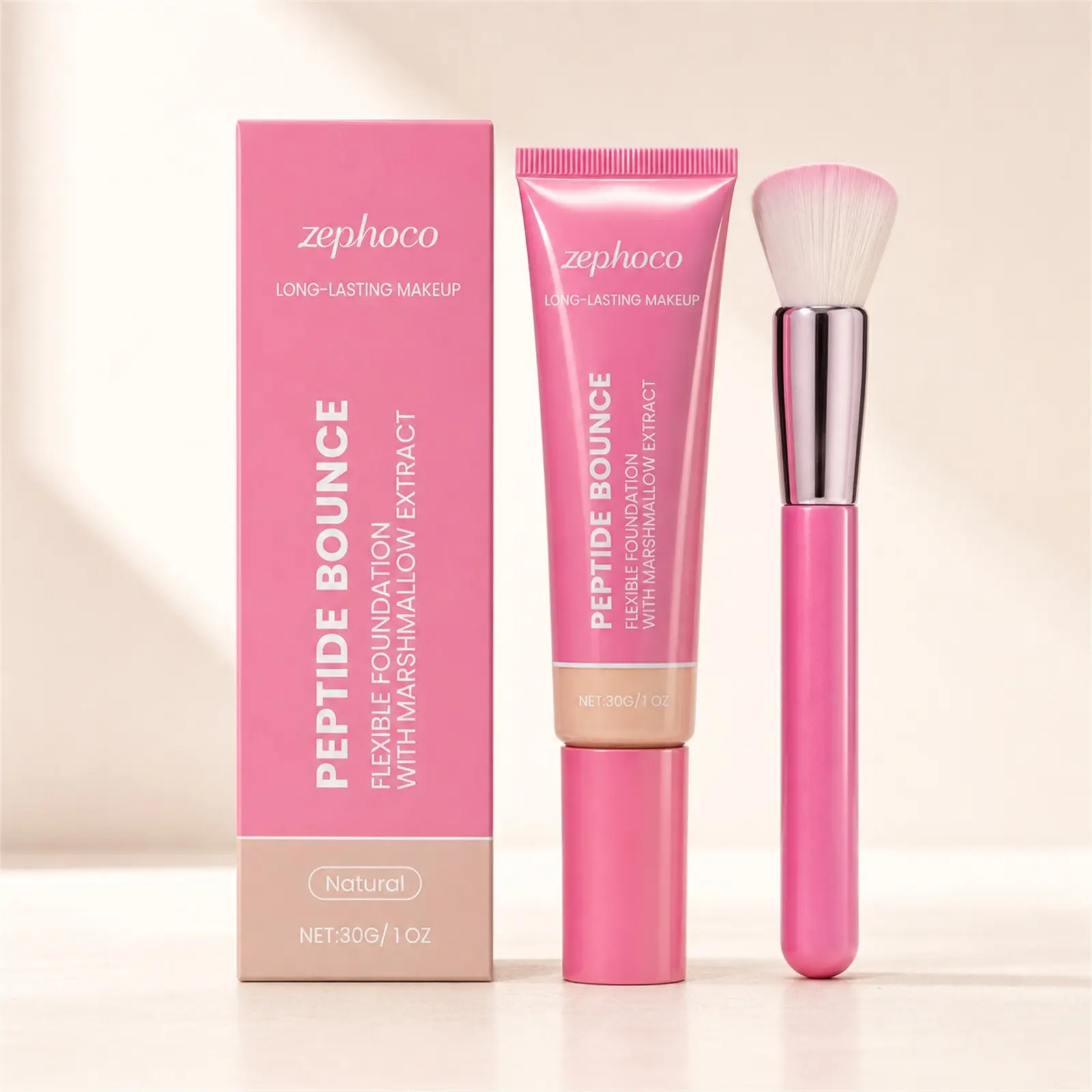 Zephoco Peptide Bounce All-Day Concealer & Foundation - Lightweight, Long-Wear, Smooth Matte Coverage, Moisturizing Feel, Natural Shade, 30g/1oz Cosmetic Makeup