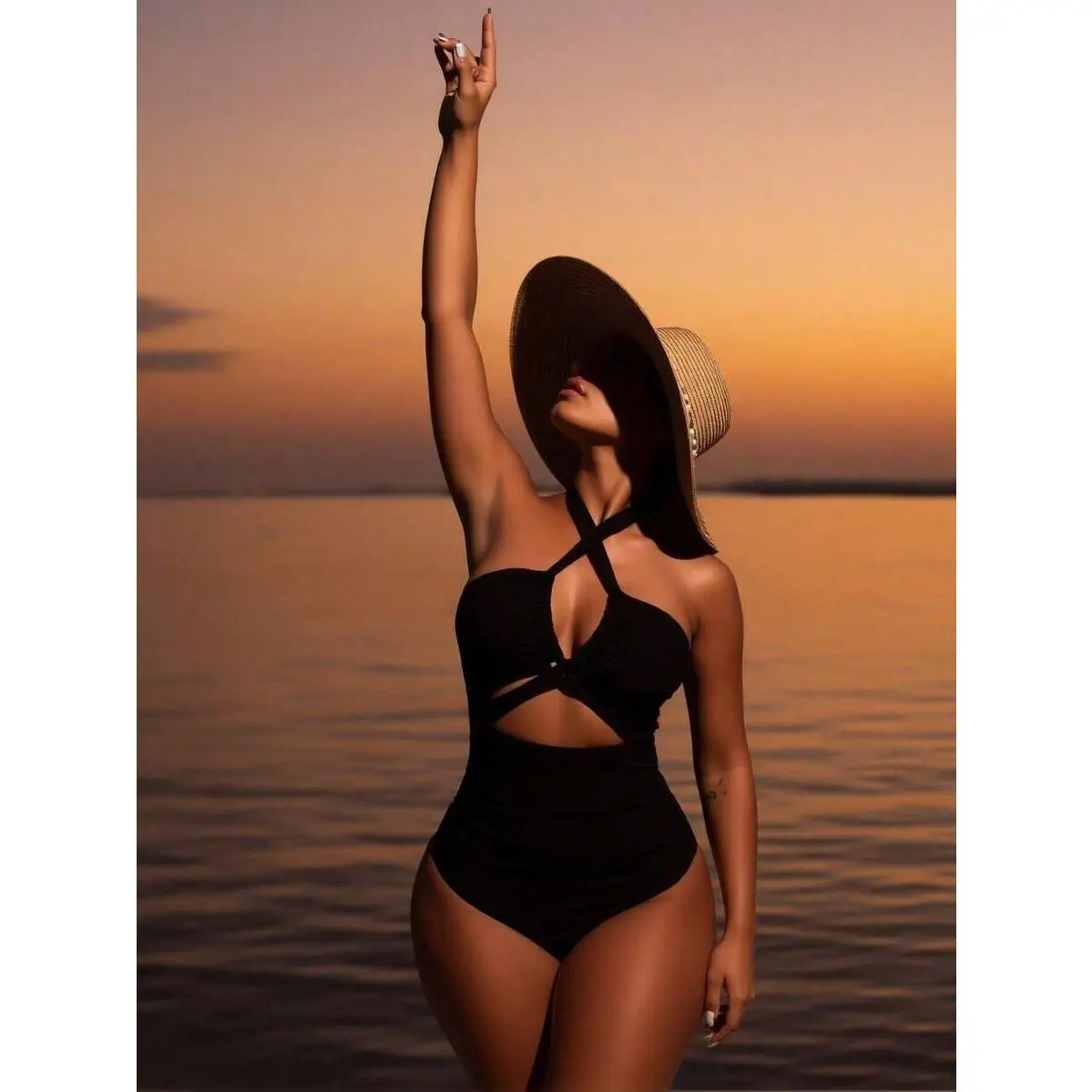 Female Knitted Fabric Bikini Set, Plain High Neck Halter Top with High Waist Bottoms and Side Slit, Summer Beach Wear, Casual, High Stretch