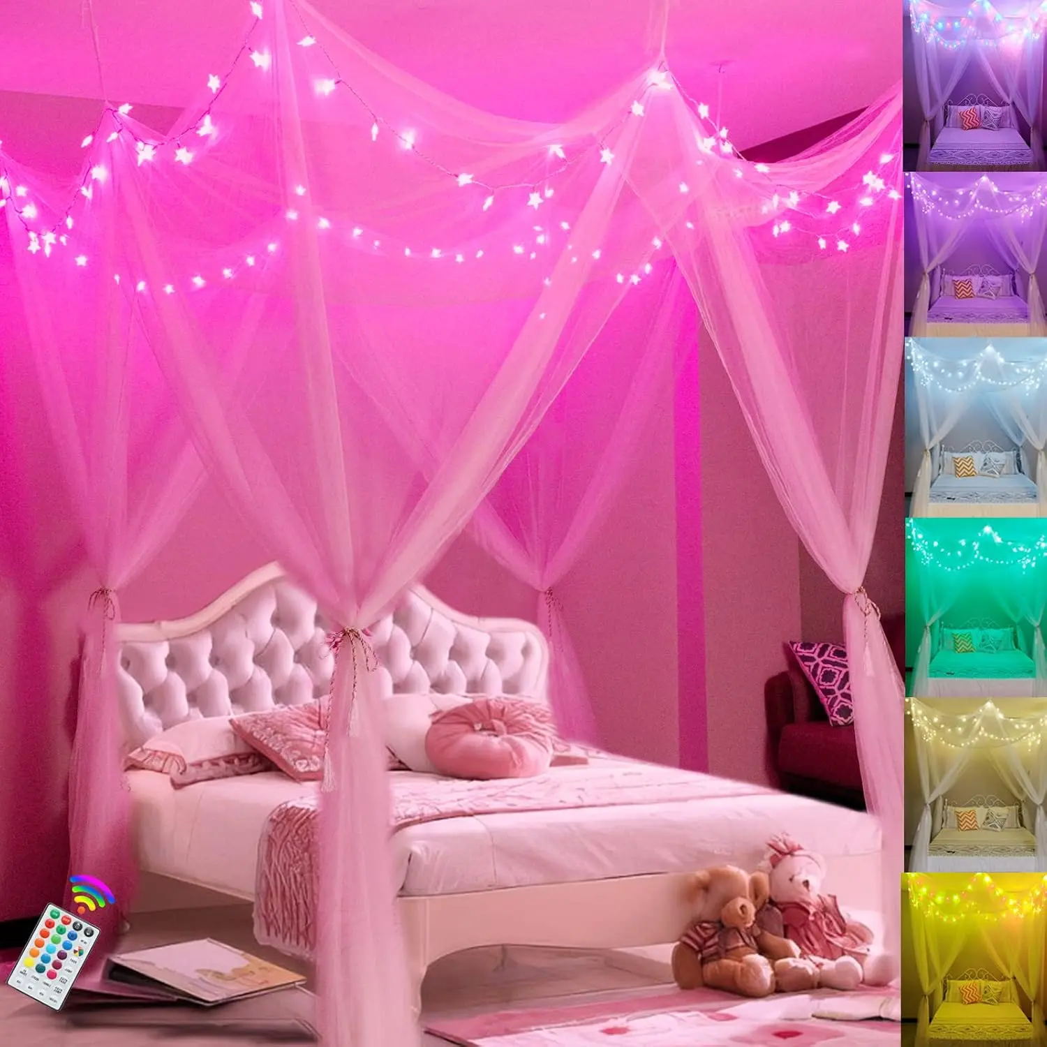 White Bed with 24 Color Changing String Lights for Girls |   8 Corner Post Bed Curtains with 100 LED Star Lights Remote for Bedroom Decor Twin Full Queen King Bed