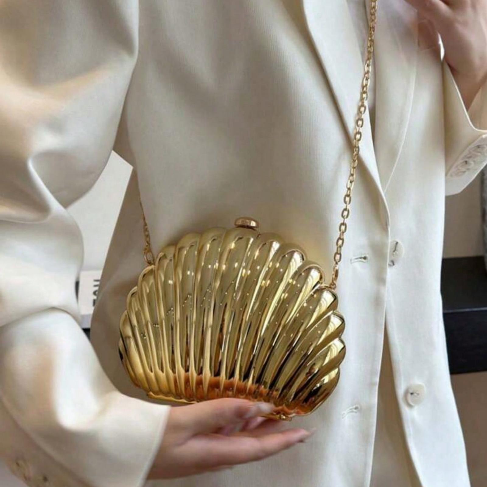 Mini Shell-Shaped Fashion Laser Metal Clutch, Vintage Metal Frame Chain Shoulderbag Crossbody Bag, Suitable For Women Formal Dinner, Going Out, Dating, Shopping, Elegant Shell Purse Perfect For Parties Weddings Dinners & Banquets Matches Wedding Dresses