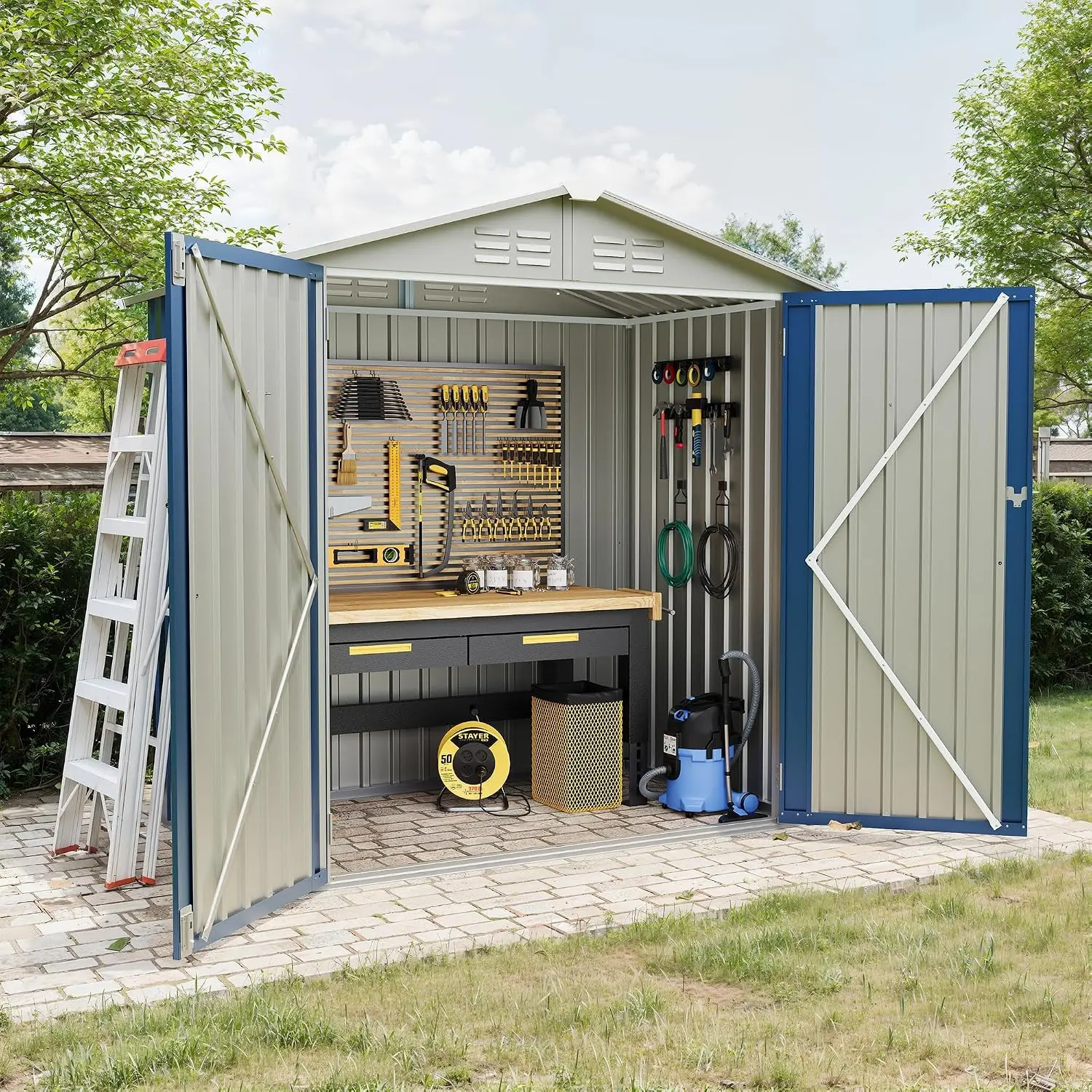 6X4 FT Outdoor Storage Shed, Galvanized Steel Outdoor Storage Shed, 130 Cu Ft Weather Resistant Garden Tool Sheds with Door & Sloped Roof, Multi-Use Shed for Bikes, Ladders