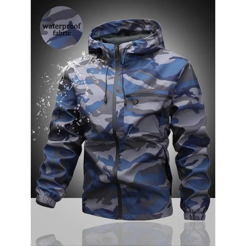 Men's Casual Waterproof Jacket with Adjustable Hat, Outdoor Adventure Hiking Fishing Daily Wear, Durable Fashion Design for All Seasons