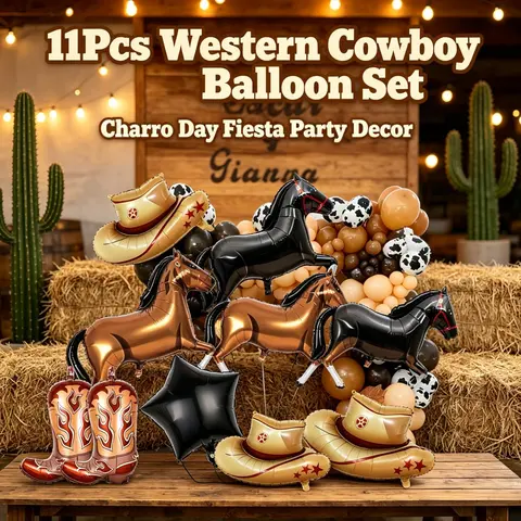 11pcs Western Cowboy Foil Balloon Set, Large Horse Cowboy Hat Boot Balloons, Charro Party Mexican Fiesta Decorations, Western Theme Party Supplies