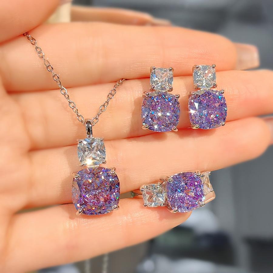 Luxurious, fashionable and versatile pink diamond necklace, purple pendant, high-carbon diamond stud earrings, ice flower-cut ring, colored gemstone set for women