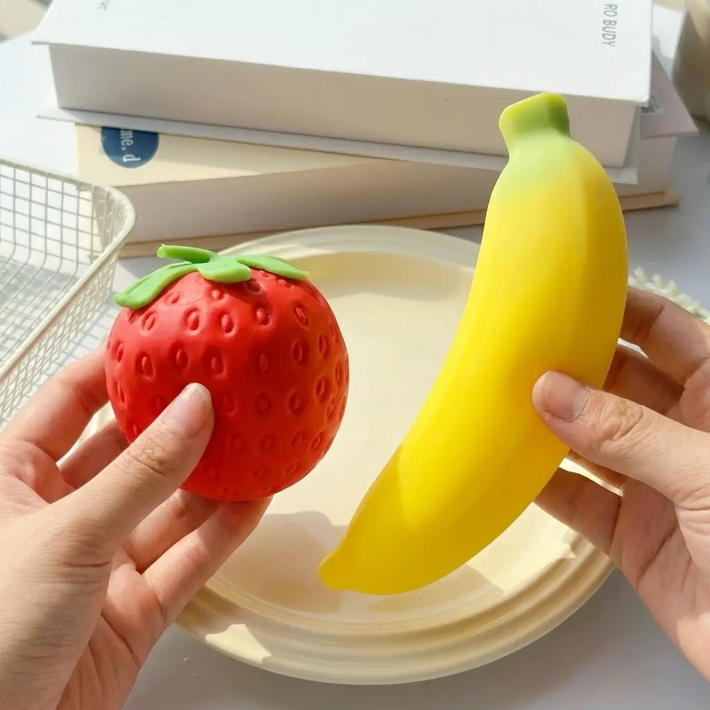 Combo Jumbo 7.5cm Strawberry Banana Squishy Toy Realistic Fake Fruit Dense Foam Filled Squeeze Ball Ultra Slow Rising Sensory Fidget Relief Toy For Teens Adults 12+ Marshmallow ASMR Desk Decor Anxiety Reducer Office Worker Tension Relaxation Gift