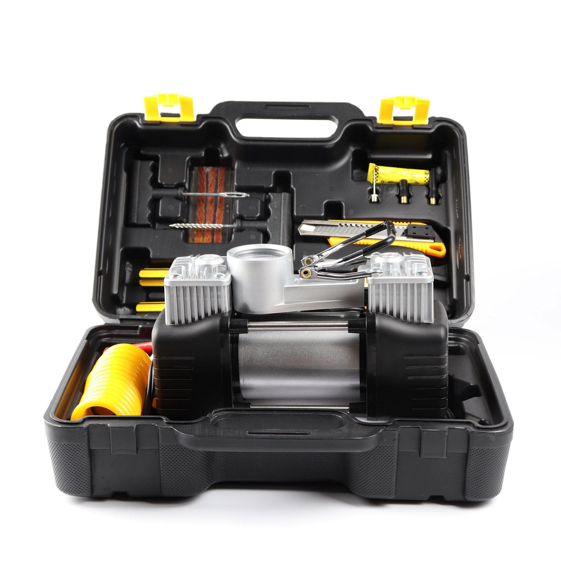 12V Heavy-Duty Metal Dual-Cylinder Car Air Compressor with Tire Repair Tools & Portable Storage Case Complete Kit