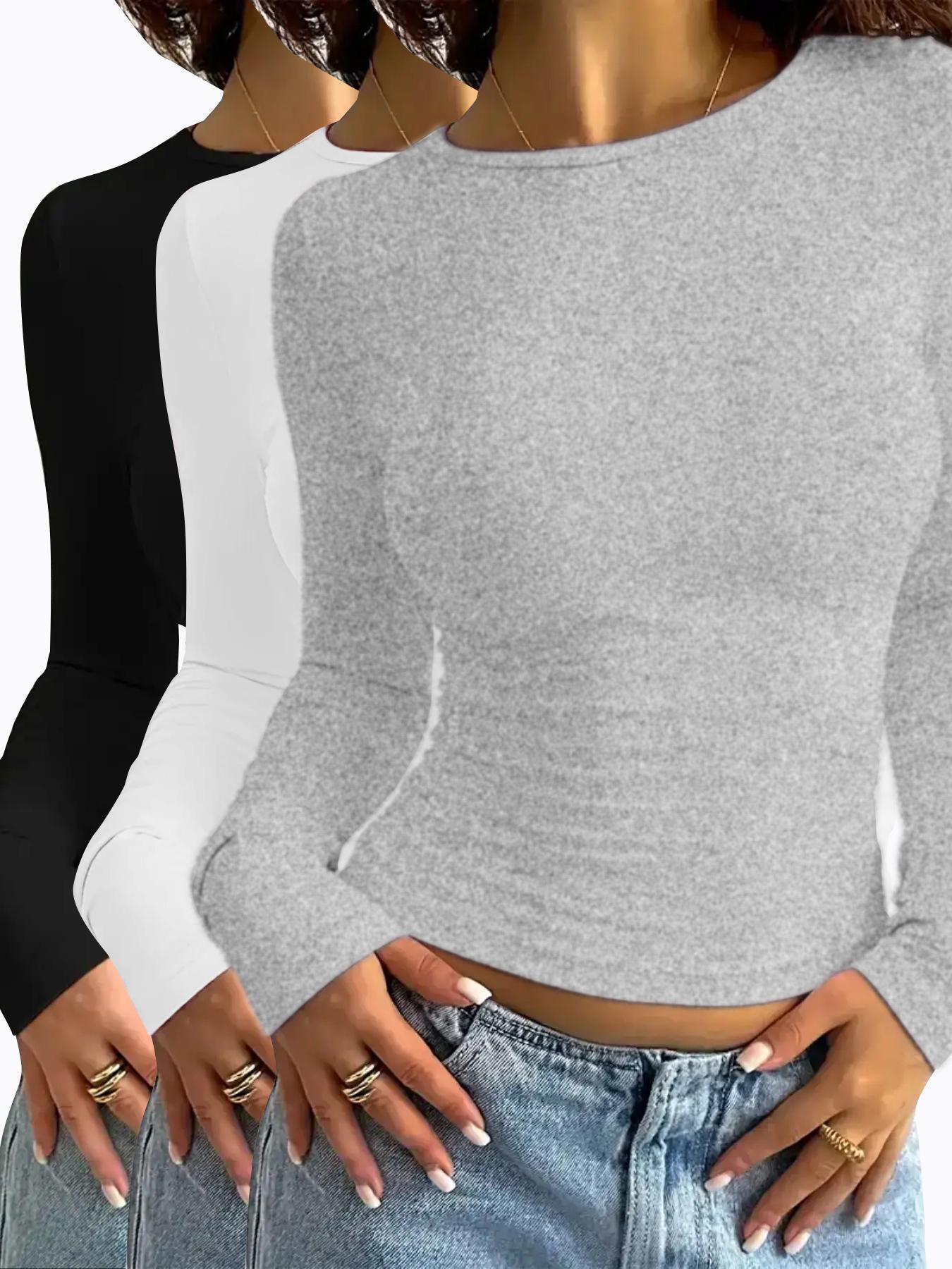 Women's Solid Long Sleeve Lounge Tops, Classy Casual Comfy Knitted Fabric Round Neck T-shirt for Daily Nightwear, Pyjamas for Women, Ladies Sleepwear for All Seasons, Crewneck Sleepwear for Women, Clothing, Womenswear, Casual Comfy Stretchy