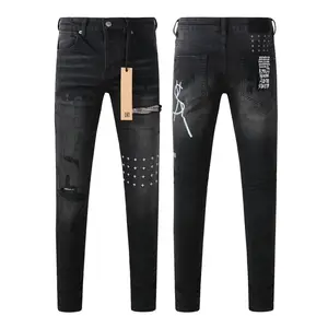 Men's High Cotton Black Skinny Denim Jeans, Cross Rhinestone Studded Back Graphic Print Ripped Distressed Pants, Punk Hip Hop Streetwear Slim Fit Drawstring Waist Jean Trousers
