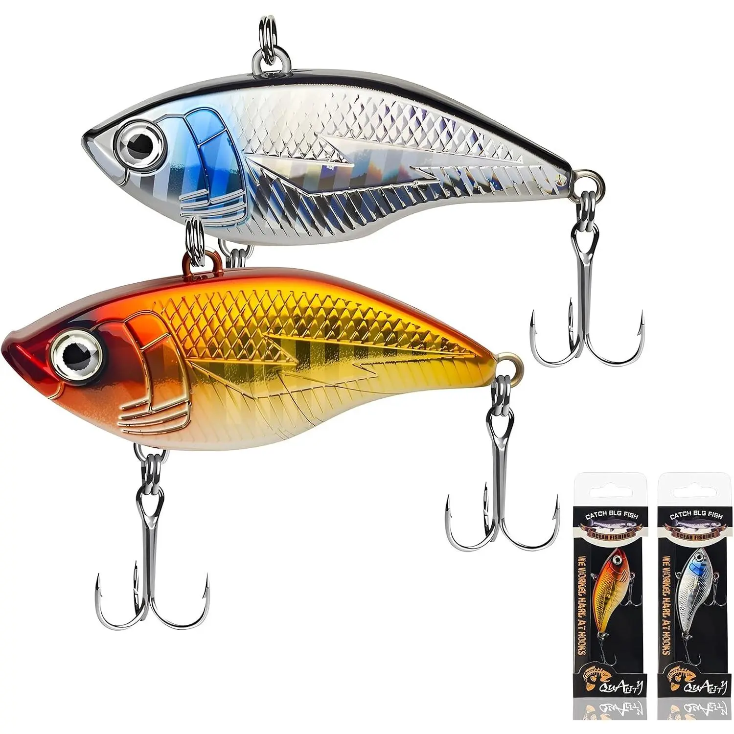 VIB Fishing Lures, Sinking Lipless Crankbaits with Treble Hooks,  Eyes & Holographic Finish, Hard Vibration Baits for Bass, Trout, Walleye, Redfish, Freshwater Saltwater, 2 Pack