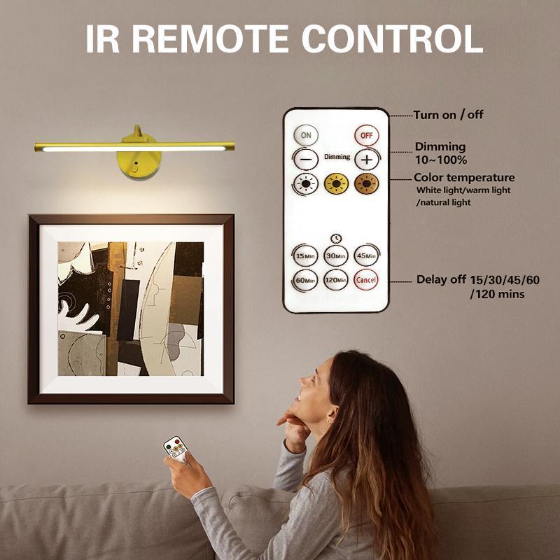 1pc Adjustable Dimmable Picture Light with Remote Control and Timer, Gold, USB Rechargeable Wall Light for Gallery Art, Paintings, Portraits, Dimmable Wall Lamp