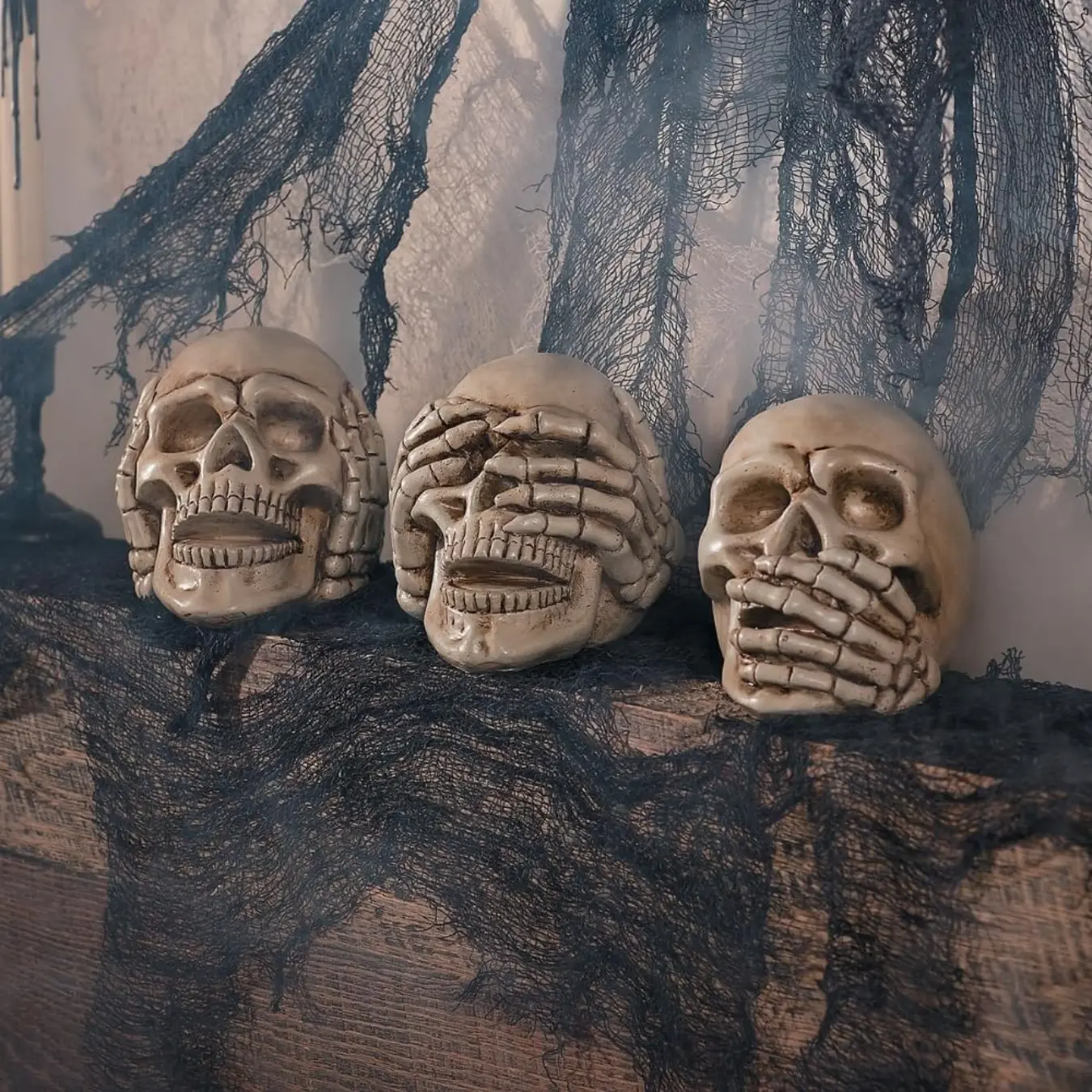 Halloween Skull Figurine Halloween Skull Head See Speak Hear No Evil, Resin Skeleton Head Realistic Human Skulls Model Statue for Bar Home Table Decor