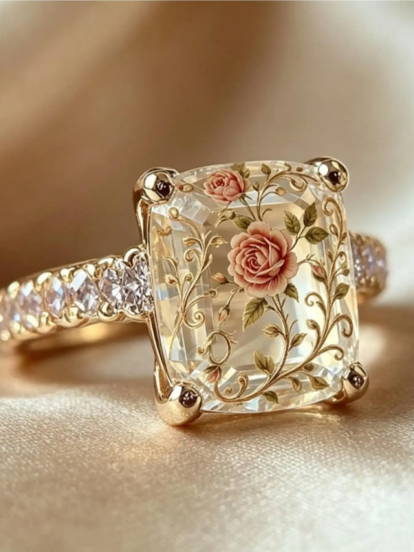 Retro court-style gold square open-bottom powder rose vine crystal ring with side-set diamonds, a luxurious, delicate, and versatile ladies' engagement banquet accessory for a high-class and atmospheric adornment, Engagement Promise Ring