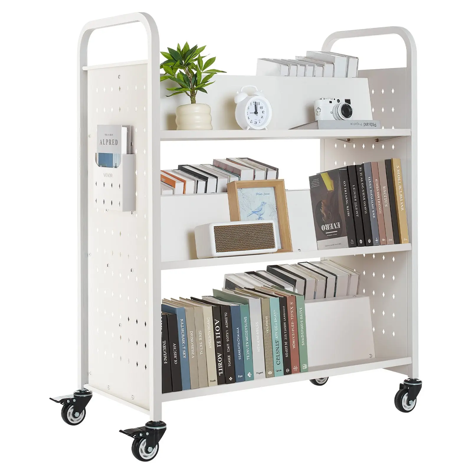 VEVOR Rolling Library Book Cart, 330 lbs Capacity, 38.2x 20.3x 48.2-Inch Library Cart, Double Sided W-Shaped Shelves with 3-Inch Lockable Wheels, Book Truck for Home Shelves Office and School, White