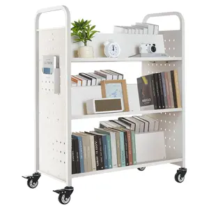 VEVOR Rolling Library Book Cart, 330 lbs Capacity, 38.2x 20.3x 48.2-Inch Library Cart, Double Sided W-Shaped Shelves with 3-Inch Lockable Wheels, Book Truck for Home Shelves Office and School, White